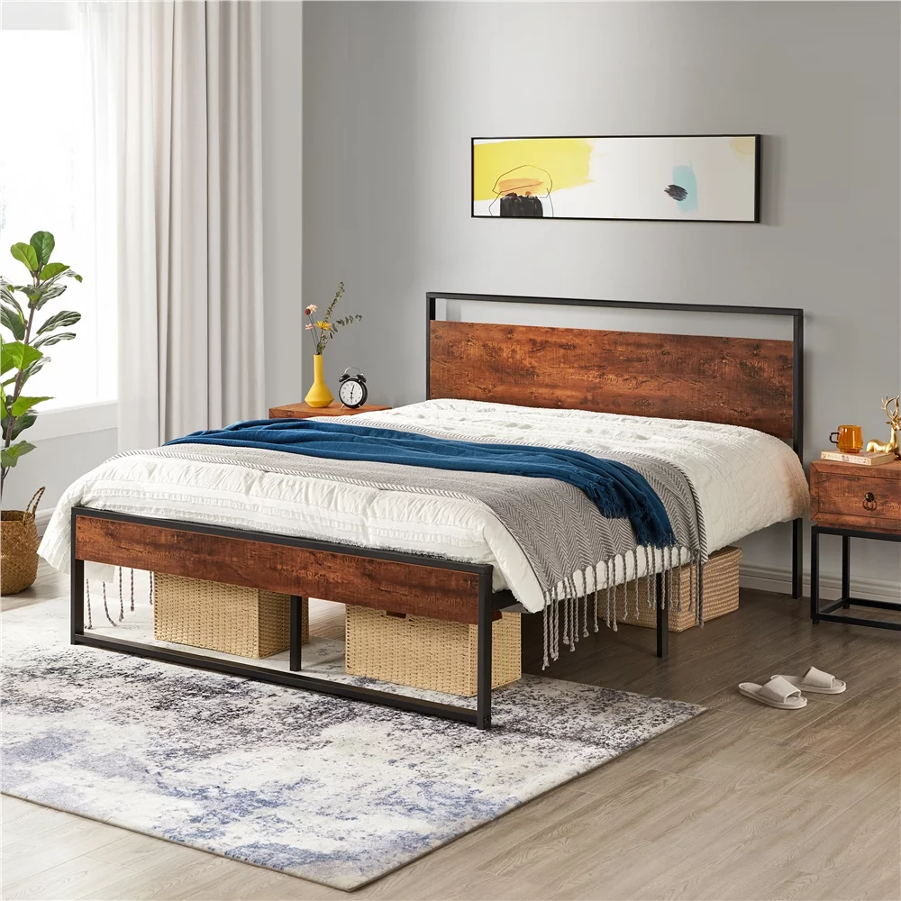 Yaheetech Rustic Metal Platform Bed with Wooden Headboard and Footboard, Queen Size, Mahogany