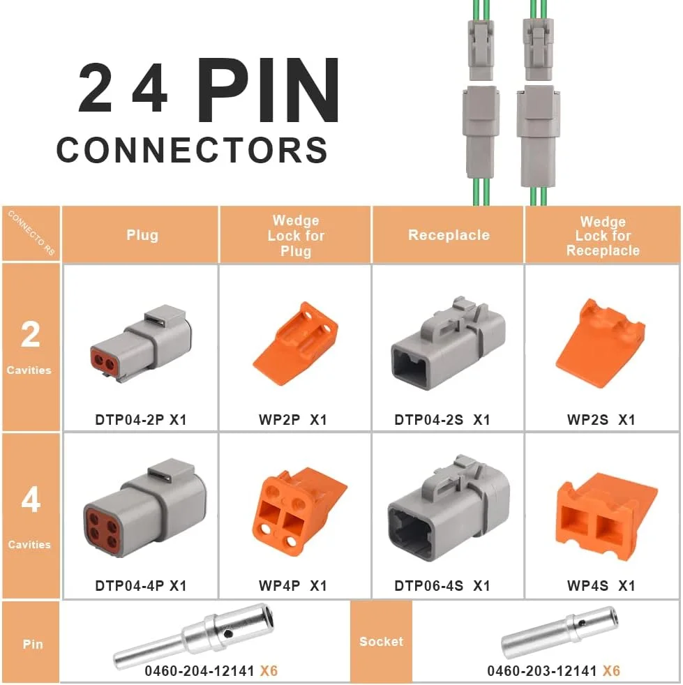 JRready ST6139 DTP Connector Kit 2 4 Pin Gray IP67 Waterproof Electrical Connectors Plug with 6 Pairs Barrel Style Solid Terminals Pin Sockets Current Rating 25 Amps(Size 12/Wire Range 14-12 AWG)
