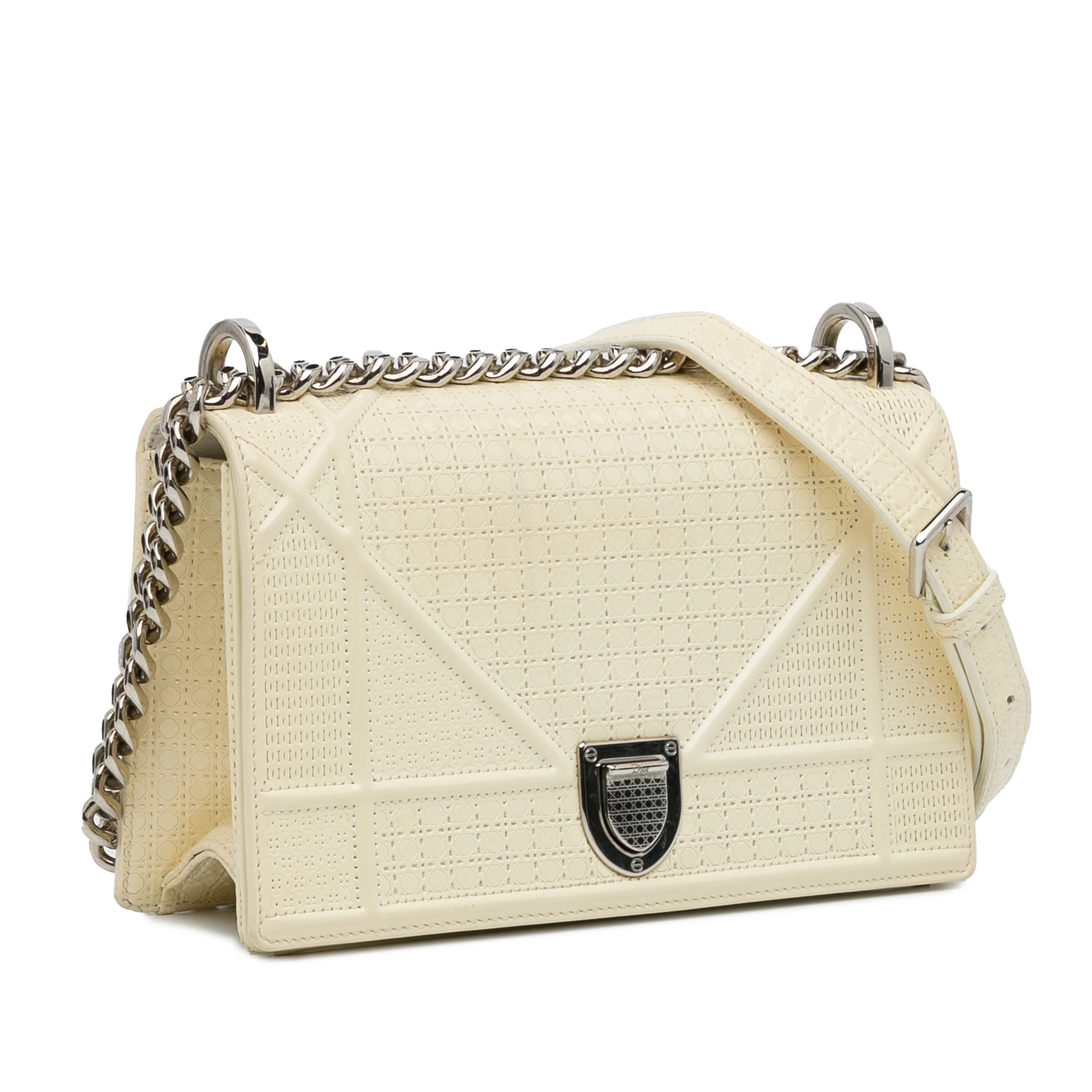 Pre-Owned Authenticated Dior Medium Patent Diorama Leather White Crossbody Bag Unisex (Fair)