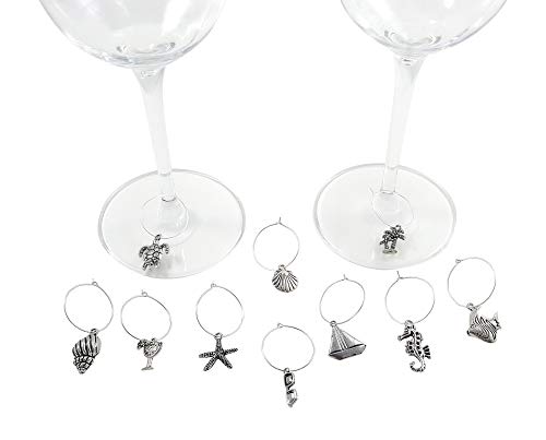 Palm City Products 10 Piece Beach Themed Wine Charm Set - Nautical Stemmed Wine Glass Charms