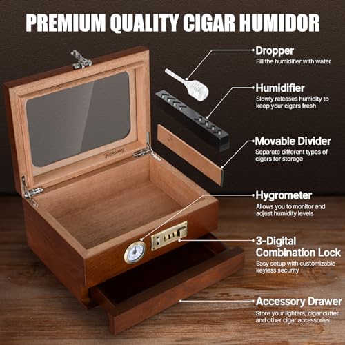 Cigar Humidor, Cedar Wood Humidor Cigar Box, Glass Top Desktop Humidor with Front Hygrometer, Humidifier, Divider, Accessories Drawer and Combination Lock, Cigar Gifts for Men (Black)