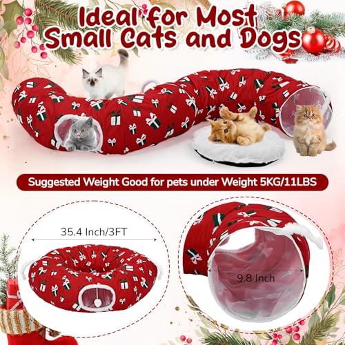 Cat Tunnel Bed 3ft x 3ft x 9.8 in Under Christmas Tree Cat Circle Tunnel Decorative Xmas Folded Cave for Small Animals Kitten Kitty Red Christmas Festive Felines Pet Gifts