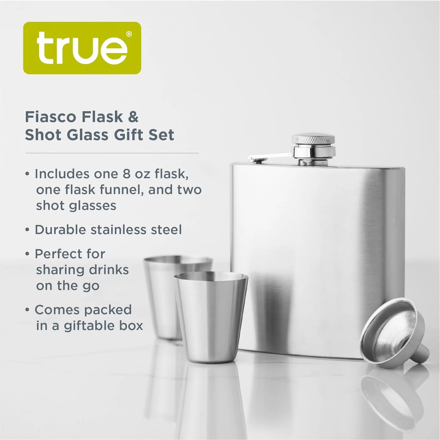 Fiasco Silver Flask And Shot Glass Set - Stainless Steel Flask With Top For Alcohol - 2 Shot Glasses And 8Oz Liquor Flask For Men Or Flask For Women - Set Of 3