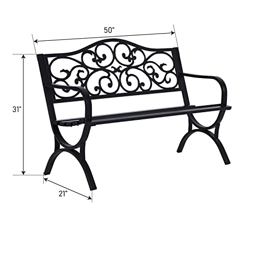 MFSTUDIO 50 Inches Outdoor Garden Bench, Cast Iron Metal Frame Patio Park Bench with Floral Pattern Backrest, Arch Legs for Porch, Lawn, Yard-Bronze