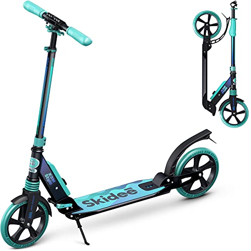 Skidee Adult & Teen Scooter Adjustable Height, Folding, Large Wheels, Lightweight, Durable, Anti-Shock Suspension, Up to 220 lbs