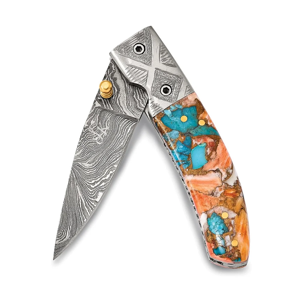 Luxury Giftware Damascus Steel 256 Layer Spiny Oyster and Turquoise Handle Folding Blade Knife with Leather Sheath and Wooden Gift Box QKN3244