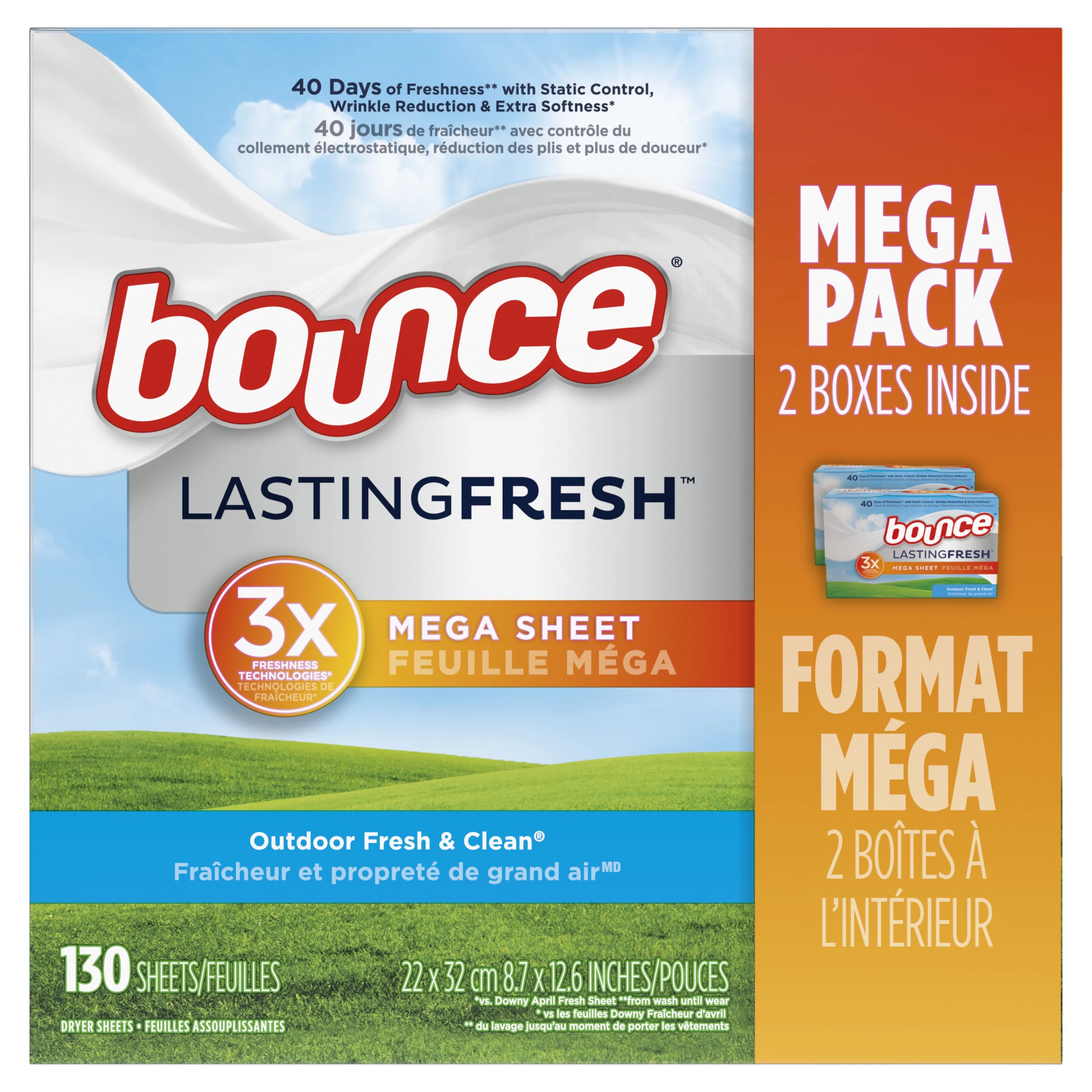 Bounce Lasting Fresh Mega Dryer Sheets, 130 ct, Outdoor Fresh & Clean Fabric Softener Sheets