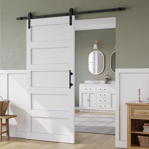SmartStandard 36in x 84in Sliding Barn Door with 6.6FT Barn Door Hardware Track Kit & Handle, Waterproof PVC Surface, Pre-Drilled Holes Easy to Assemble, Solid, MDF, White, 5-Panel
