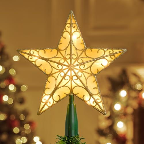 JOIEDOMI 9 inch Silver PVC Star Christmas Tree Topper, with 10 Warm White Light Glitter Swirl Battery Powered Indoor Decorations for Home Holiday Xmas Party
