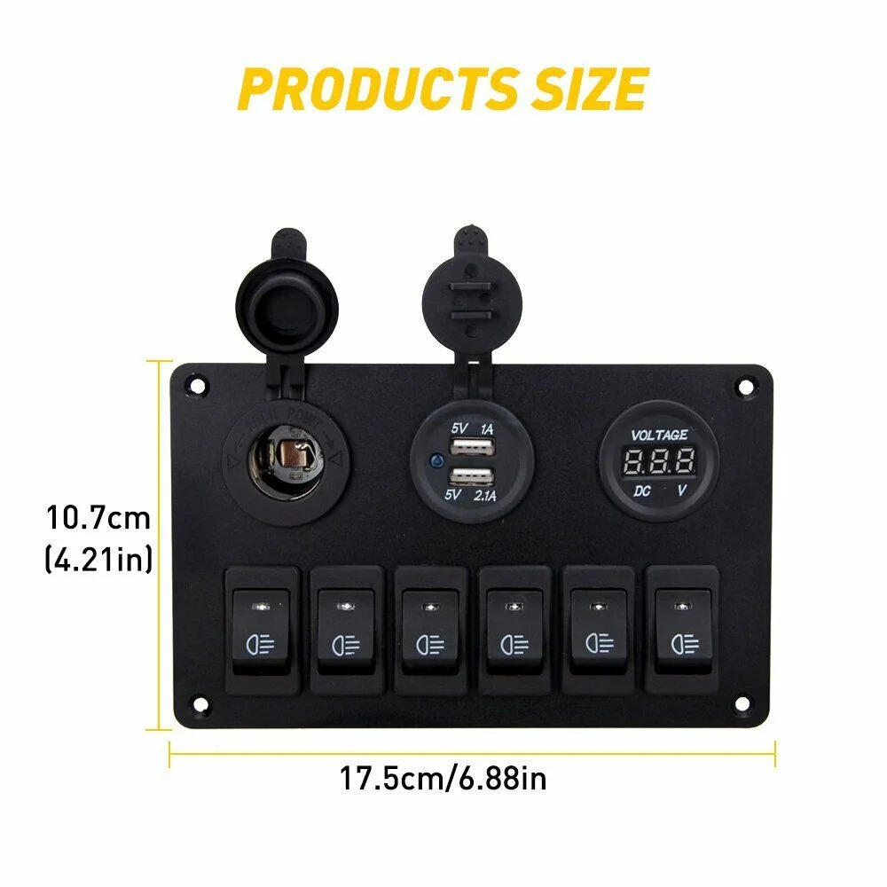 KingFurt 6 Gang Blue LED Rocker Switch Panel, Waterproof, Universal Fit for RV Car Marine Electrical System