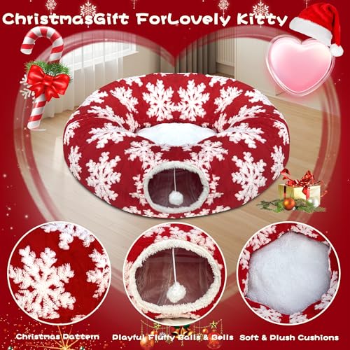 LUCKITTY Christmas Snowflake Print Cat Tunnel Under Tree, Velvet-Touch Jacquard Fabric with Hanging Plush Ball, 10-Inch Diameter 3-Ft Wide Round Pet Tube - Plush & Festive Cat Diversion Red