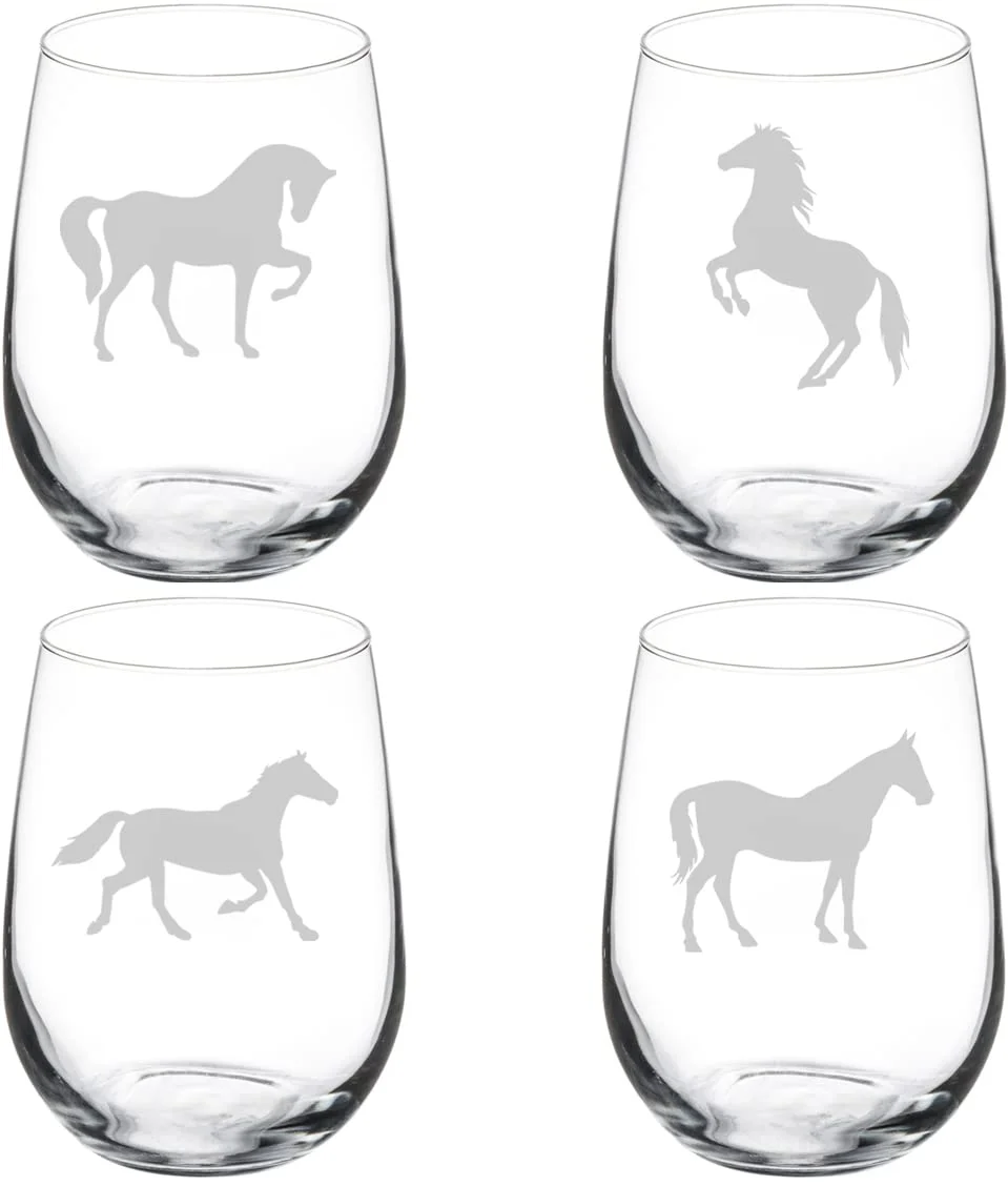 Set of 4 Wine Glass Gift Goblet Horse Collection (17 oz Stemless)