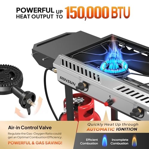 ROVSUN 2 Burner Outdoor Propane Gas Stove with Auto-ignition, Regulator & Shelf, 150,000 BTU Powerful Stand Cooker for Backyard Patio Cooking Home Brewing Canning Turkey Frying