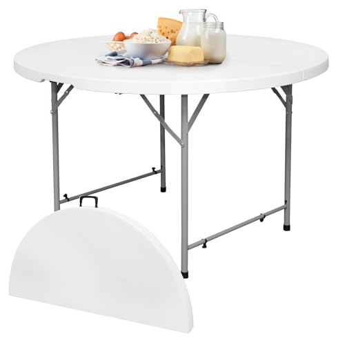 48in Round Folding Table with Carrying Handle, White 4 Feet Portable Plastic Dining Card Table for Kitchen or Outdoor Party Wedding Event