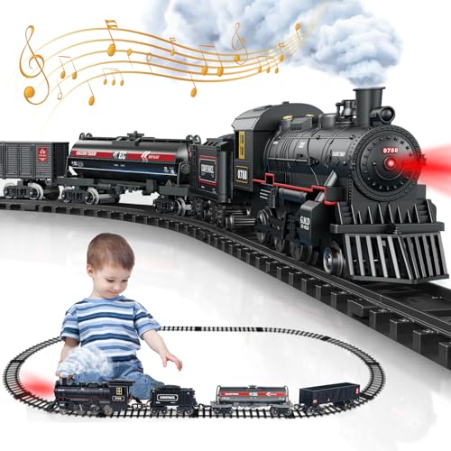 Train Set - Remote Control Train Toys w/Luxury Track & Lighting Passenger Carriage, Rechargeable Battery Train Sets w/Smoke,Whistle & Lights, Toys Decoration for 3 4 5 6 7 8 Boys Girls