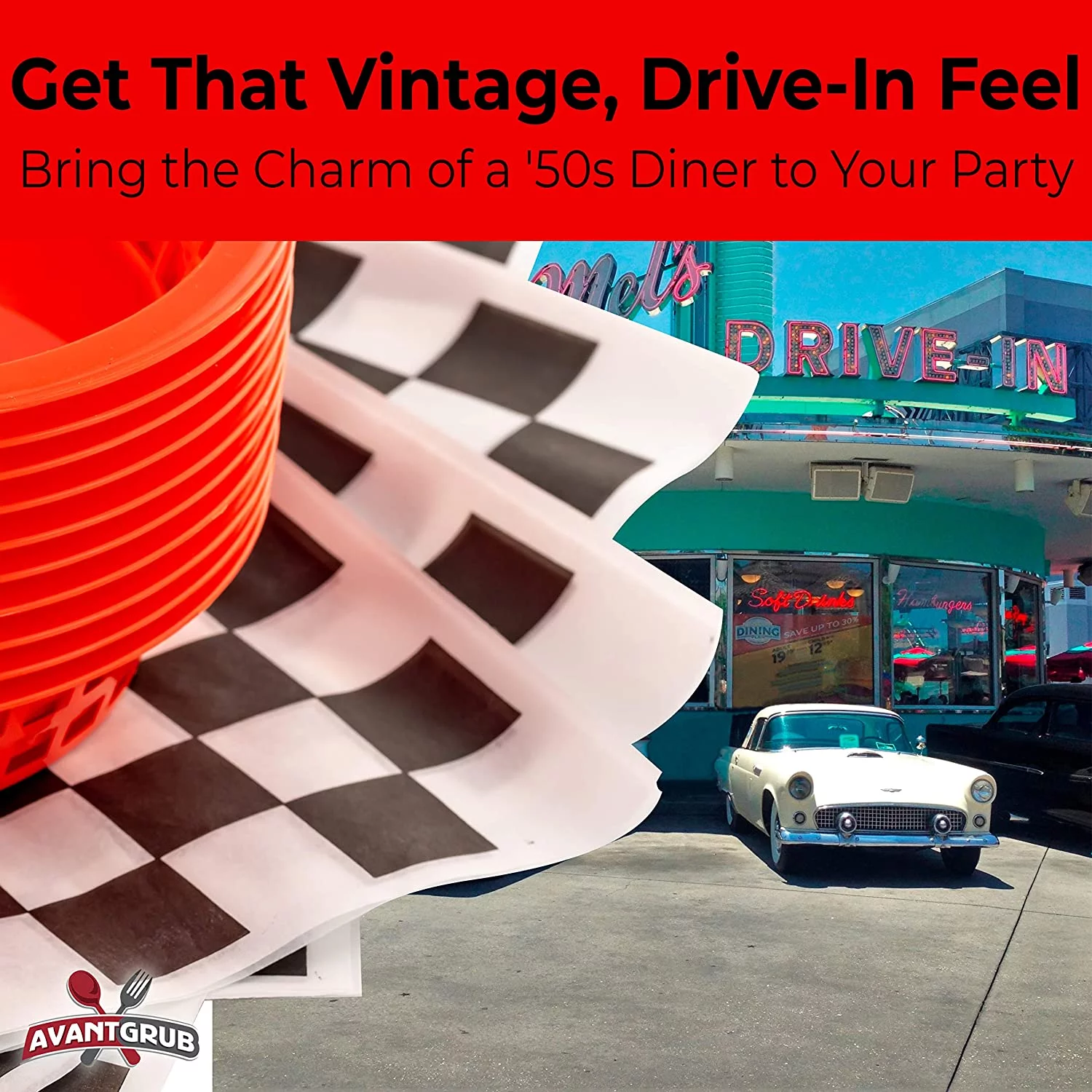 Avant Grub Red Fast Food Basket (12-Ct) with Black Checkered Deli Paper (120-Ct)