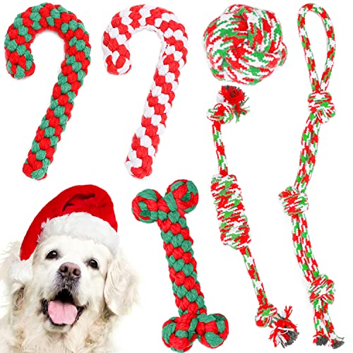 Christmas Dog Rope Toys 6 Pack - Pet Chew Toys Set for Aggressive Chewers Small Medium Dogs Puppy Large Breed Interactive Dog Ball Toys Training Playing Teeth Cleaning, for Xmas Party Indoor Outdoor