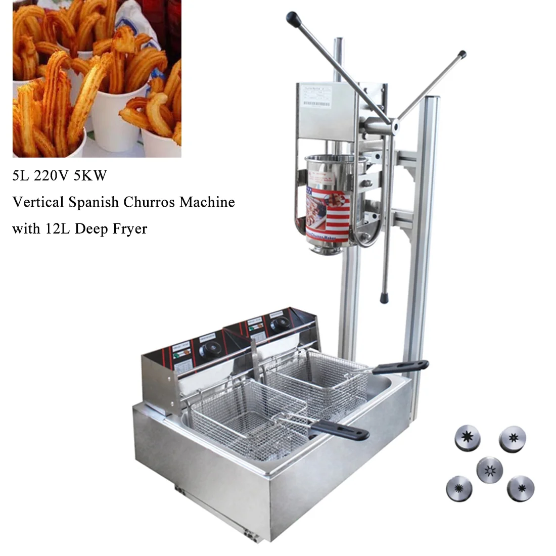 INTBUYING 5L Commercial Vertical Spanish Churros Machine with 12L Deep Fryer 220V 5KW