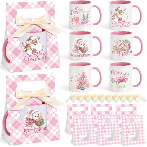 LemonRoad 6 Sets Pink Christmas Mugs 12 oz Christmas Coffee Mugs with Mug Boxes Ceramic Pink Xmas Coffee Cups with Gift Boxes Ribbon for Xmas Winter Holiday Housewarming Party Gift