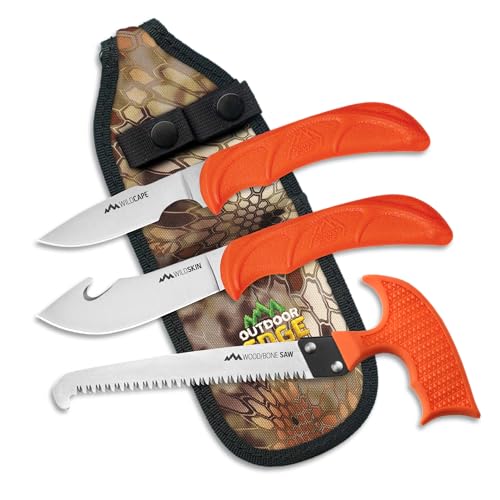 OUTDOOR EDGE WildBone, 4-Piece Hunting Knife Set, Field Dressing & Game Processing Knives - Gut-Hook Skinning & Boning/Fillet Knife, Carbine/Ceramic Sharpener, Camo Belt Scabbard - Deer & Elk