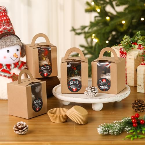 100 Set Christmas Hot Cocoa Bomb Packaging Kit Individual Christmas Cupcake Boxes with Window Insert Handle Muffin Pastry Containers Xmas Cupcake Cookie Gift Box