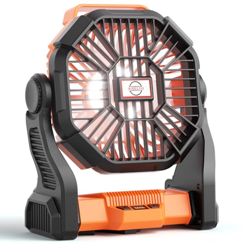Portable Camping Fan, 20000mAh Battery Powered Rechargeable Personal with LED Lantern, Outdoor Beach Tent Fan with 4 Speeds & Hook, USB Cordless Desk Battery Operated Fans for Travel Home Office