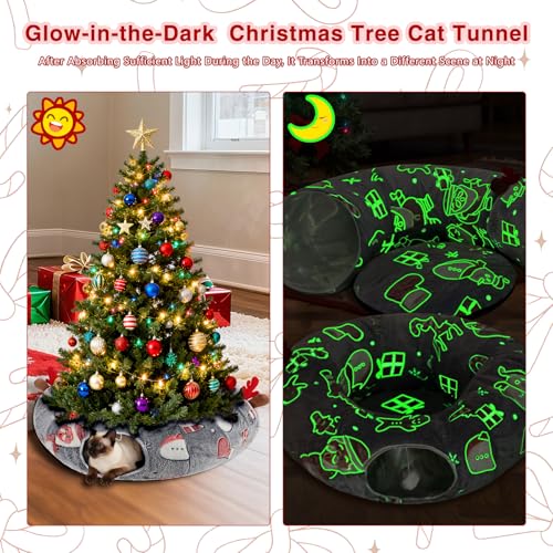 Cat Tunnel Christmas Tree Skirt, Christmas Tree Cats Tunnel Bed with Cushion&Balls,Luminous Kitty Donut Tunnels Bed for Indoor,Fluffy Plush 36