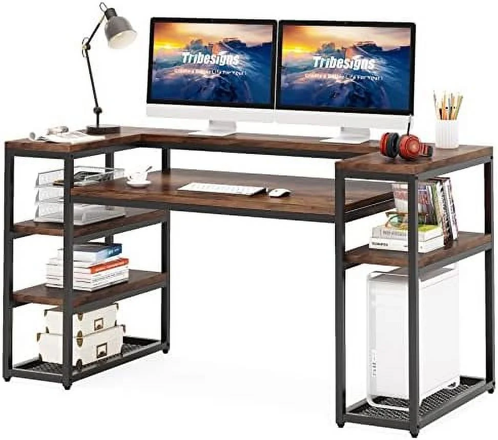 63 Inches Computer Desk with Open  Shelves  Large Office Desk with Monitor Shelf & CPU Stand  Study Writing Table Workstation with Printer Stand for  Office(Brown)