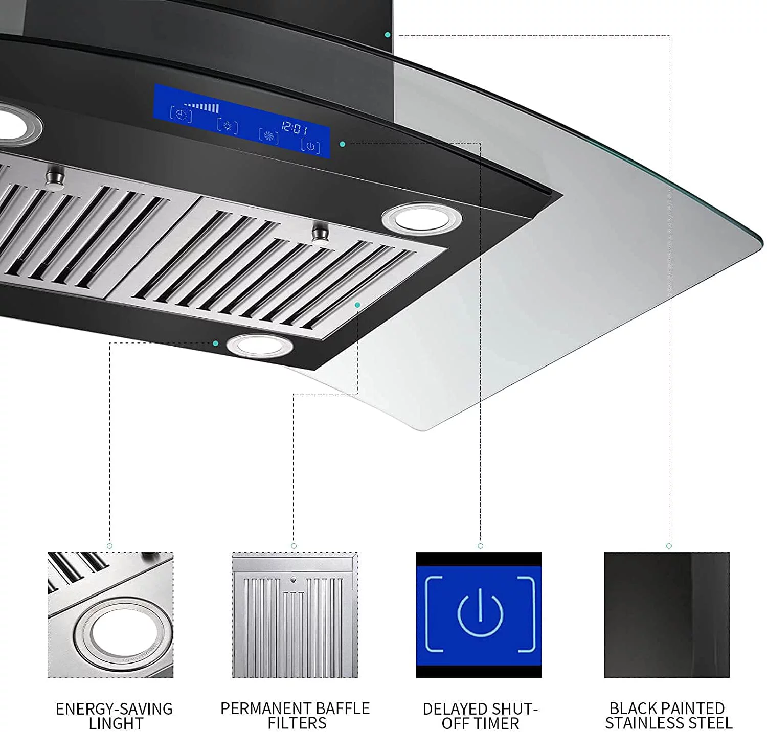 Tieasy Range Hood 36 inch Island Mount Range Hood 900 CFM Kitchen Digital Panel 3-Speed