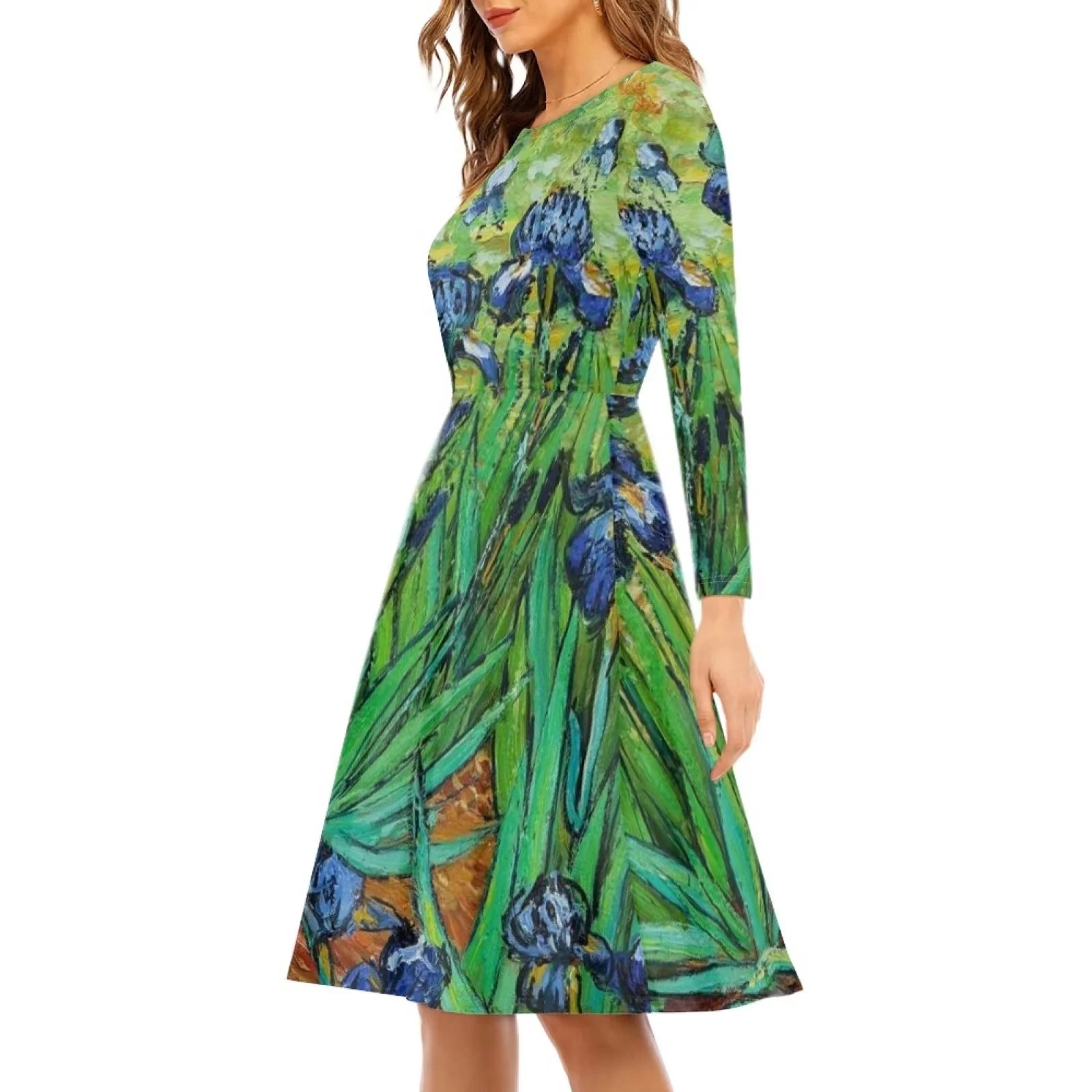 NETILGEN Irises in the Garden, Vincent Van Gogh Women Dresses Casual Elegant Swing Dress, Flared Women's Knee Length Dress, Women Fall Dresses for Special Occasion