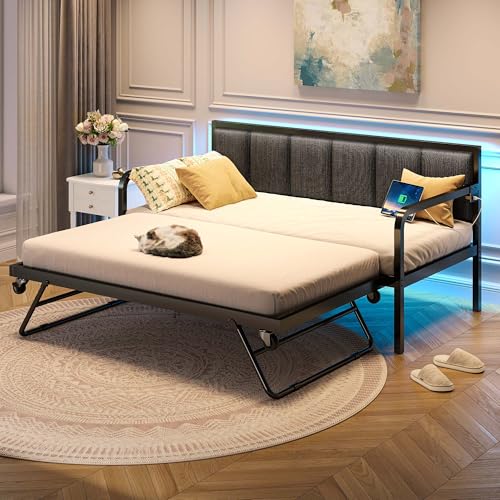 Rolanstar Daybed with Charging Station and LED Lights, Height Adjustable Twin Daybed with Trundle, Metal Sofa Bed Frame with Steel Slat Support for Living Room, Bedroom and Guest Room, Black