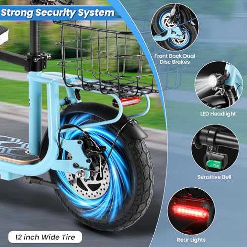 Caroma Peak 500W/800W/1200W Electric Scooter with Seat, 30 Miles Max Range Electric Scooter Adults&Teens, 48V Large Battery, 20MPH Top Speed Foldable Ebike, Adjustable E-Bike with Basket&Kid Seat