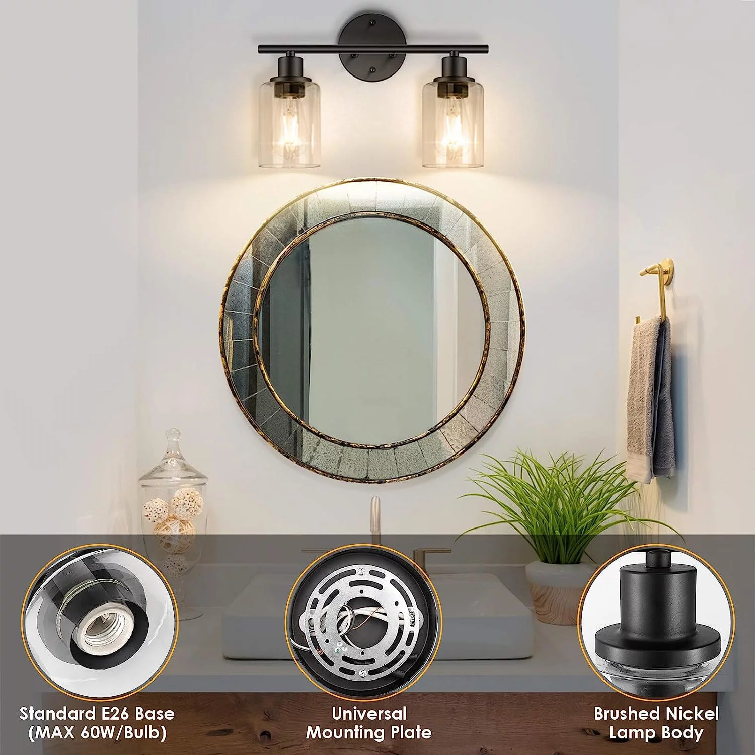 Bathroom Light Fixtures 2 Light Matte Black Vanity Light Vintage Wall Sconces Lighting Modern Bath Wall Mounted Lights with Glass