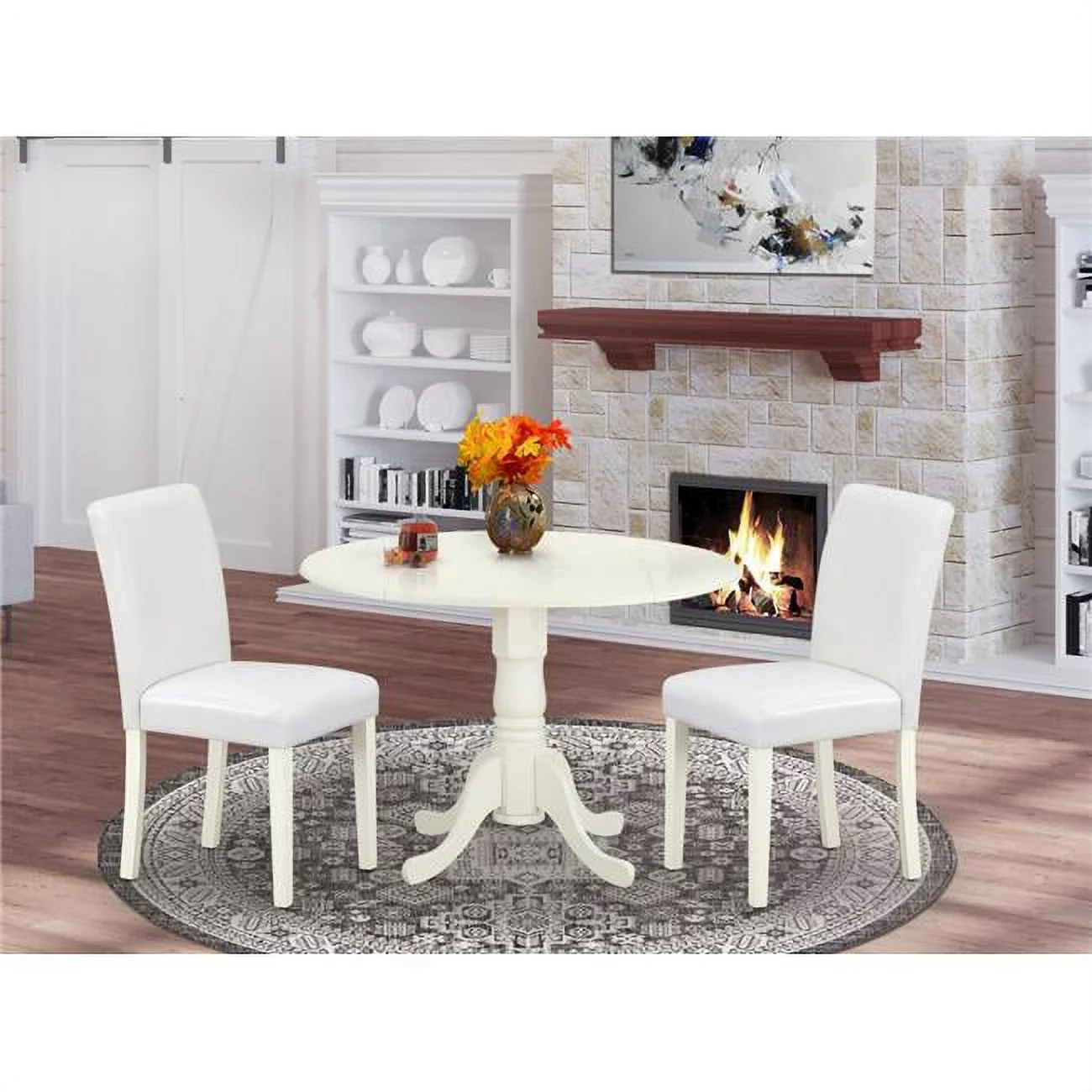 42 in. Dublin Round Dining Room Table with Two 9 in. Drop Leaves & 2 Parson Chair with Linen White Leg & Pu Leather - White, 3 Piece