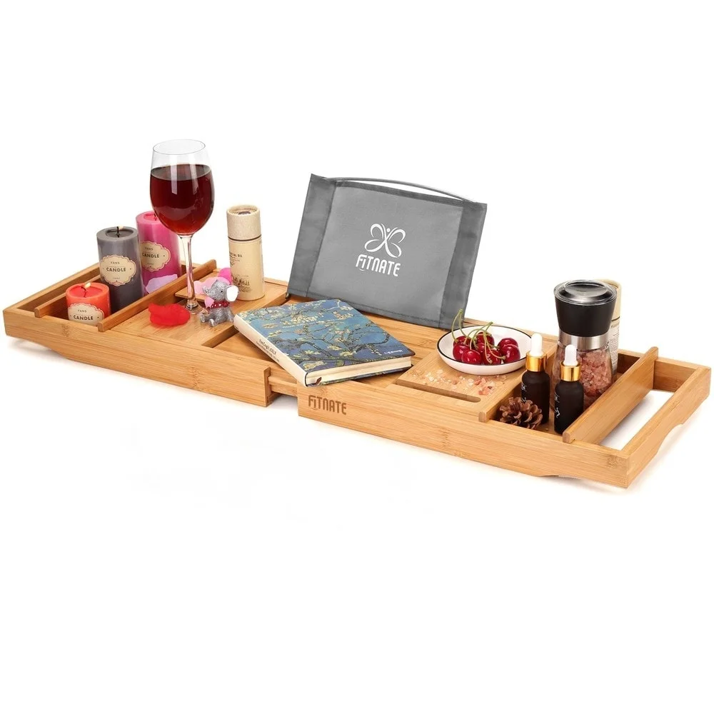 Wooden Bathtub Tray Caddy with Wine Glass Slot, Phone Tray, Book Holder, & Candle Slot, Non-Slip & Durable, Luxury Bamboo Bathtub Tray with Extra Wooden Body Brush