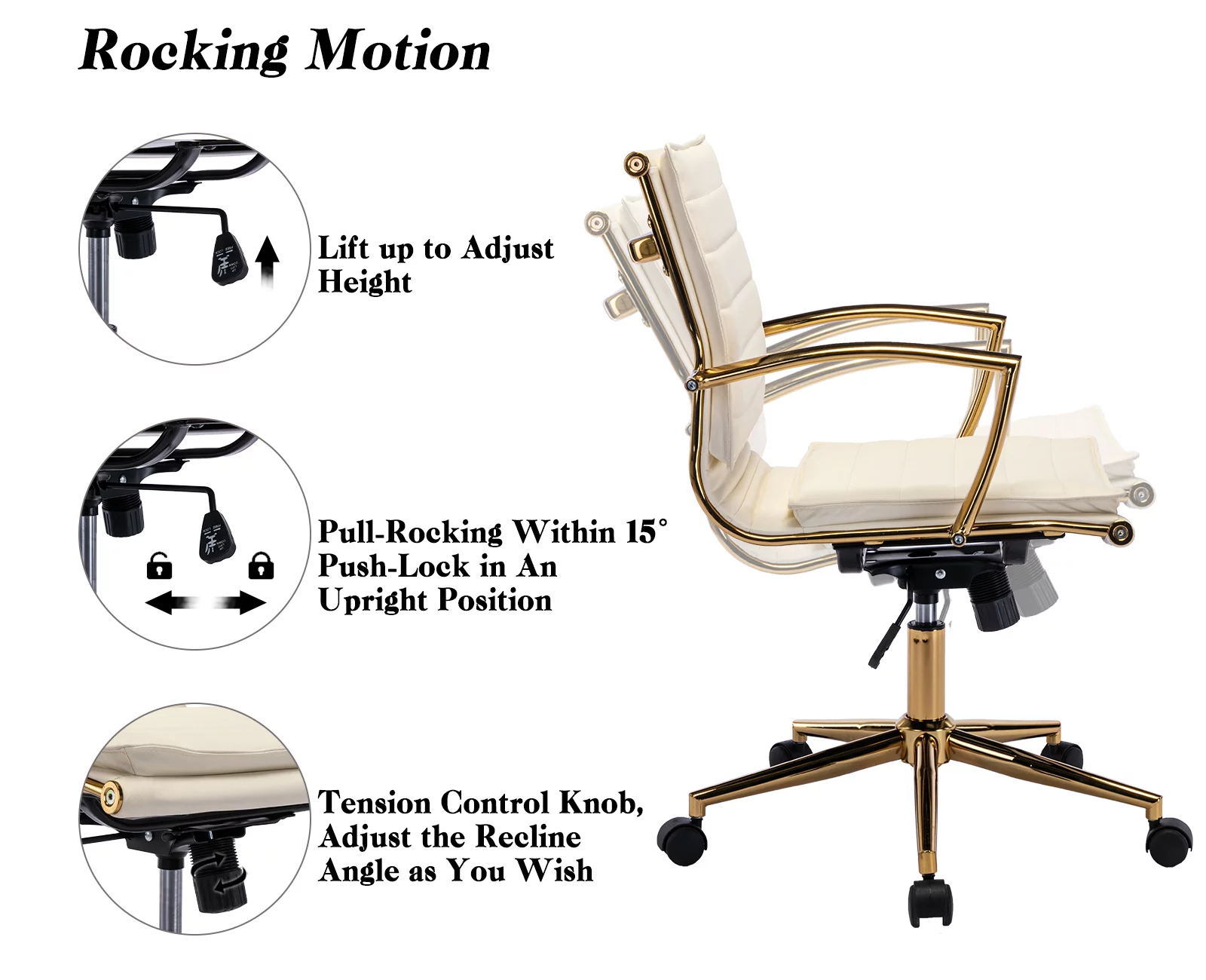 Guyou Faux Leather Swivel Office Chair, Modern Wide Seat Adjustable Height Computer Desk Chair with Backrest and Wheels, Ergonomic Task Chair Conference Chair with Armrests and Gold Metal Base, Beige