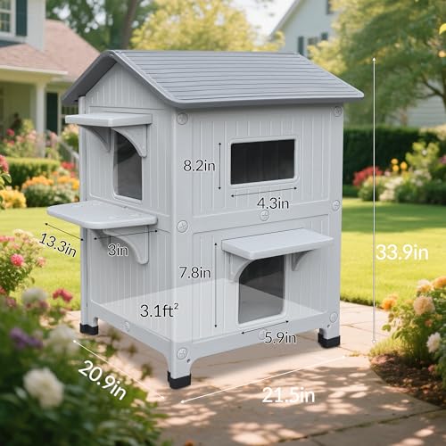 Plastic Outdoor Cat House with Mat Weatherproof for Feral Cat, 2 Story Insulated Elevated Cat Shelter with Escape Door, Easy Assemble, Expansive Interior‌ Grey