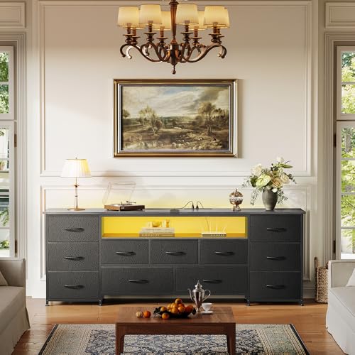 Huuger 63 Inch TV Stand for 65, 70 Inch TV, 11 Drawer Long Dresser with Power Outlets and LED Lights, Entertainment Center with Storage, Black Dresser with PU Leather Surface