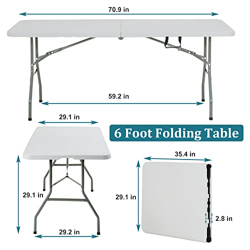 6FT Folding Table, Heavy Duty Plastic Table Portable Fold-in-Half Utility Table Indoor Outdoor Picnic Table w/Handle & Lock for Camping BBQ Party Wedding Market Events, 500LBS