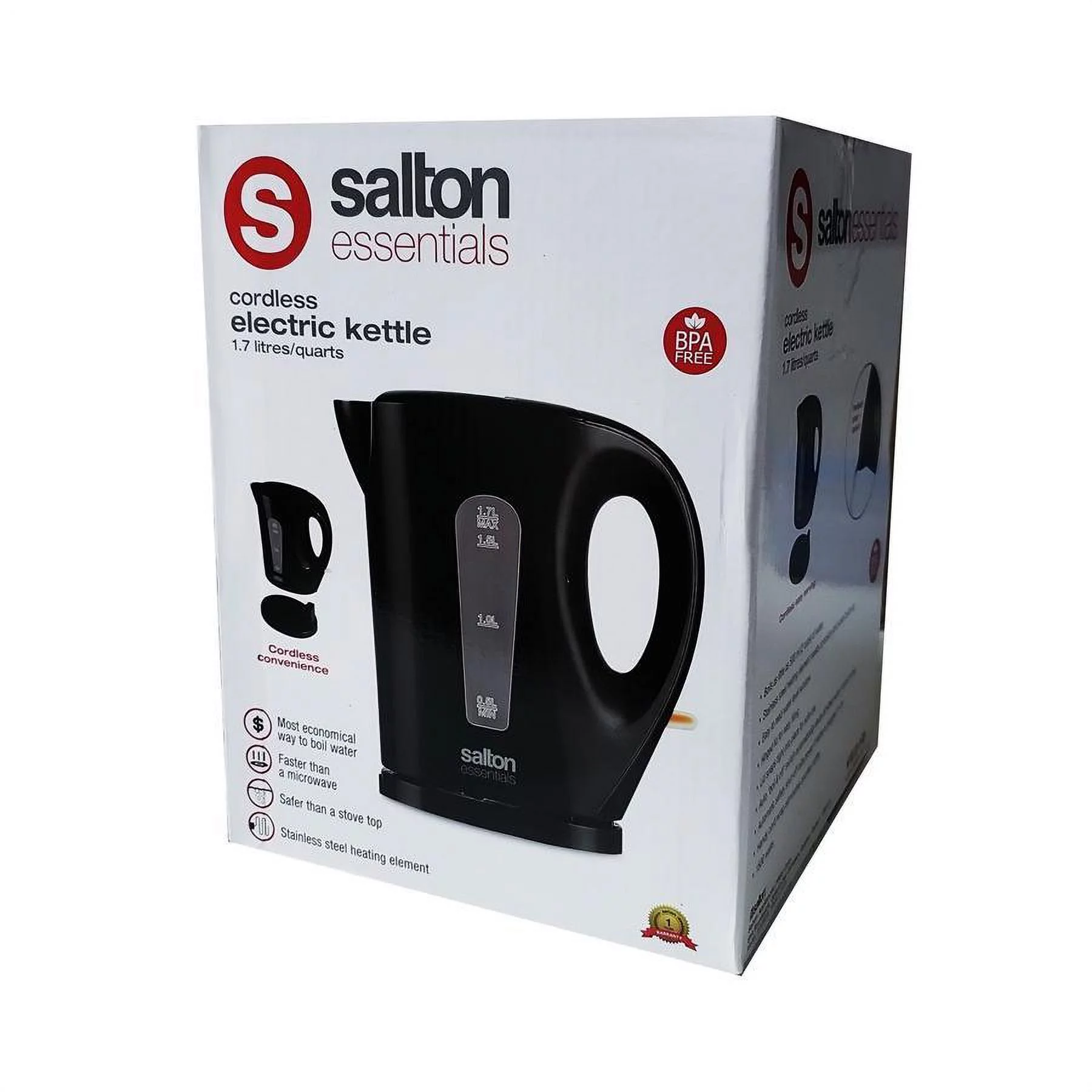 Salton Essentials EJK1821B - Cordless Electric Kettle, 1.7 Liter Capacity, Black
