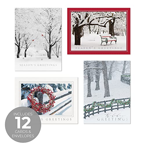 Masterpiece Holiday Greetings Trimmed In Scarlet Christmas Cards / 16 Boxed Snowy Cardinal Wreath Holiday Cards With Silver Foil Lined Envelopes / 5 5/8