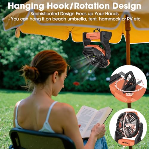 Deller 20400mAh Portable Rechargeable Fan, Tent Fan for Camping with LED Light & Hook, Battery Powered Fans for Beach Travel Treadmill Camping Gear