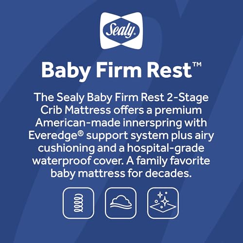 Sealy Baby Firm Rest Antibacterial Breathable Crib Mattress, Made in USA, GREENGUARD Gold Certified, 204 Steel Coils, 2 Stage, Toddler Bed Fit, Waterproof, Non Toxic, Safety & Quality Tested, 52x28