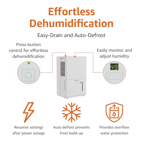 Amazon Basics Large Dehumidifier for Rooms, Energy Star Certified, Effectively Reduces Humidity, Timer, Auto-Defrost, Overflow Protection, up to 2500 SFT, 35 Pint, White
