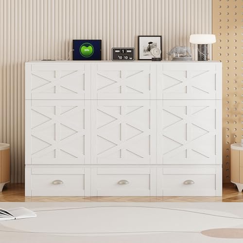MERITLINE Full Size Murphy Bed with Large Storage Drawer, Farmhouse Wood Cabinet Wall Bed Chest with USB Charging Station for Home Office Guest Bedroom, Living Room,Brushed White