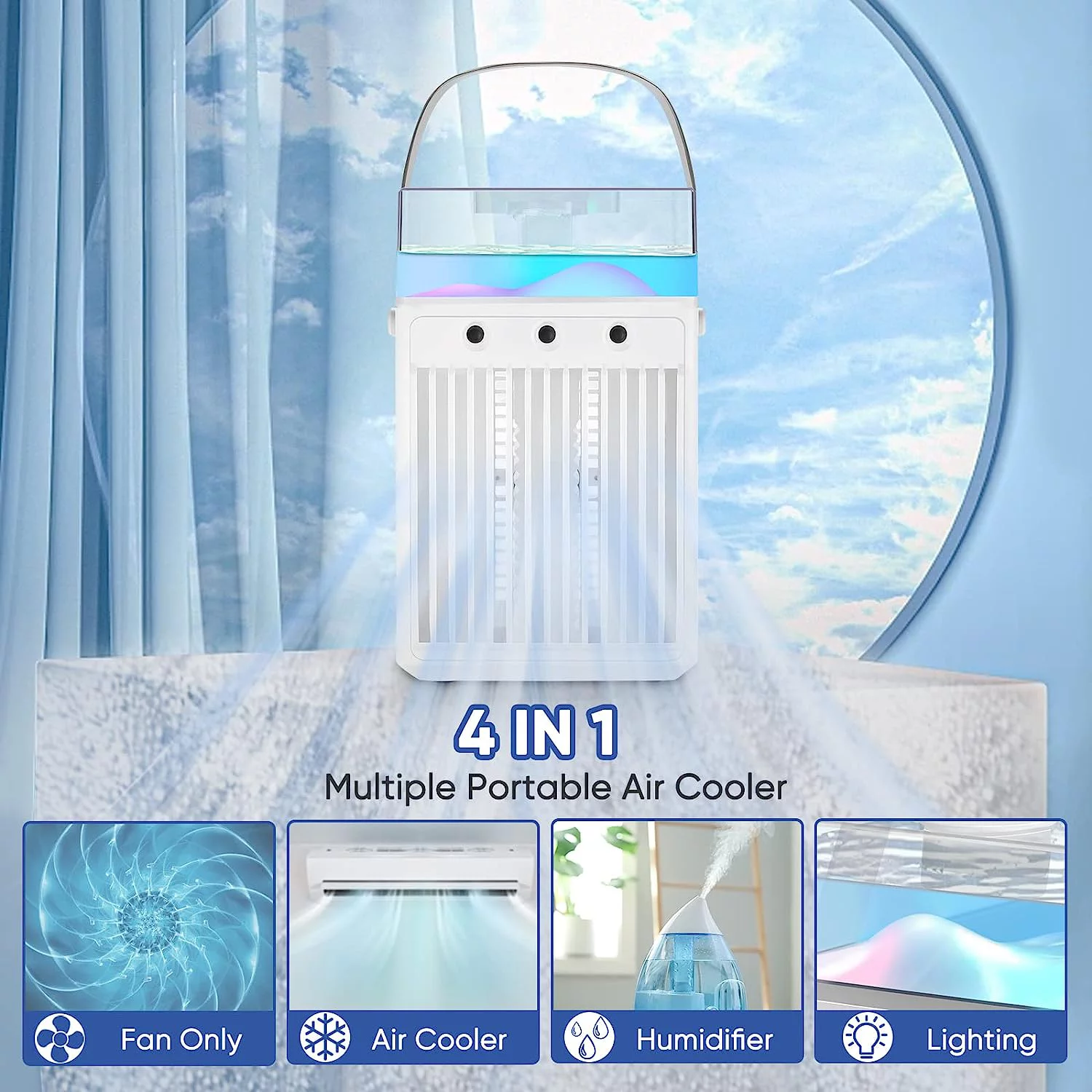 Mini Air Conditioner, 4 IN 1 Portable Air Cooler, 3 Speeds Evaporative Air Cooler, Desk Air Conditioner for Room Car Office Camping with 2000mAh Battery Powered & Type-C Rechargeable