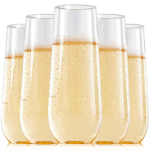 FOCUSLINE 24 Pack 9 Oz Plastic Stemless Gold Rim Champagne Flutes, Heavy Duty, Shatterproof, Disposable & Reusable Crystal Clear Toasting Glasses