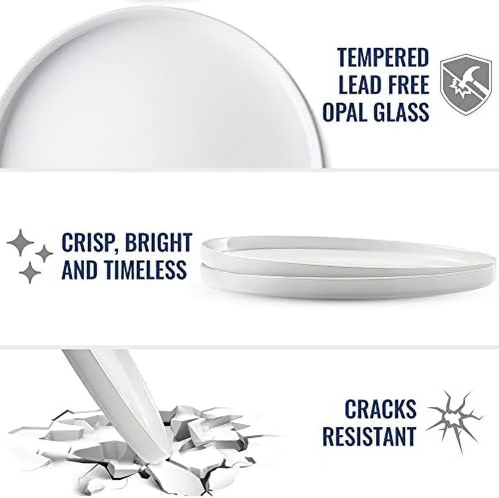 Grangusto Italiana Set Of 6 Flat Plates, Tempered Opal Glass, Clean White, 10.75 Inch. Dinner Plates, Microwave & Dishwasher Safe, Made In Spain. 10.75 Inch