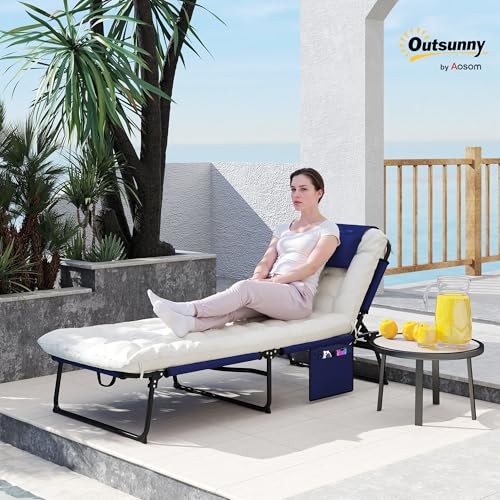 Outsunny Folding Chaise Lounge with 4-Level Reclining Back, Outdoor Tanning Chair with Cushion, Outdoor Lounge Chair with Breathable Mesh Fabric, Side Pocket, Headrest, Gray