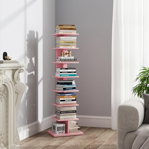 TUTOTAK Vertical Bookshelf, 8-Tier Bookcase, Narrow Spine Book Shelf for Small Space, Corner Standing Shelf for Living Room, Office, Study, Entryway, Black BS06BK008